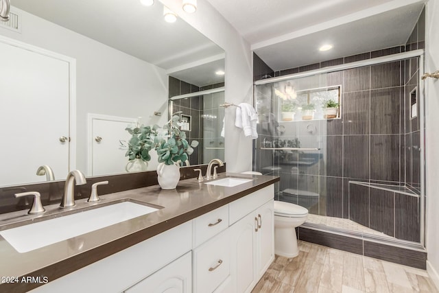 bathroom featuring vanity, toilet, and a shower with door