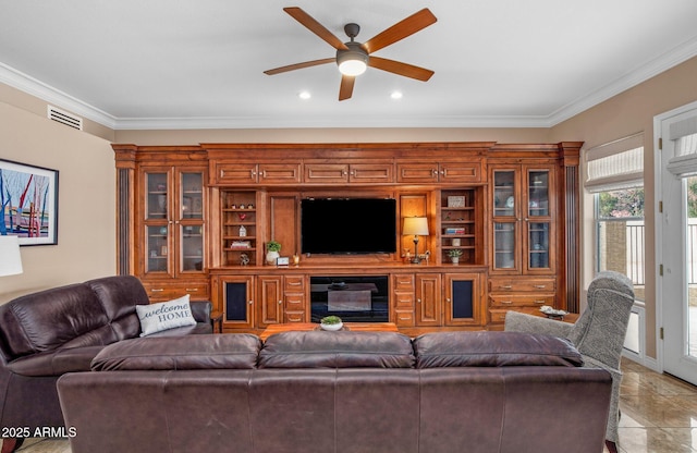 living room featuring visible vents, recessed lighting, ceiling fan, and ornamental molding