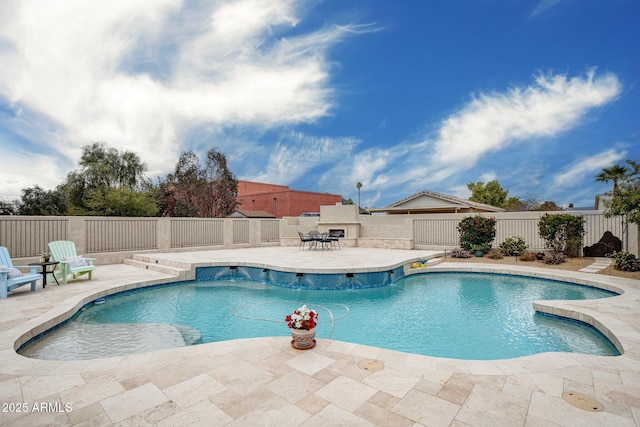 view of swimming pool featuring a patio, a fenced in pool, a shed, a fenced backyard, and an outdoor structure