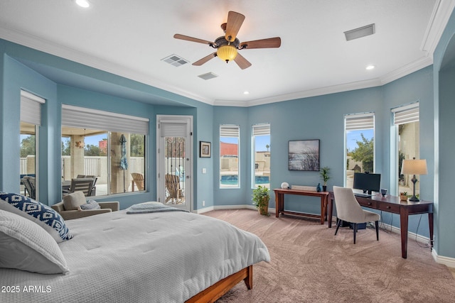 bedroom with crown molding, access to outside, baseboards, and visible vents