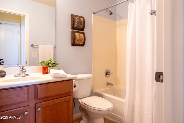 full bath featuring toilet, shower / bathtub combination with curtain, and vanity