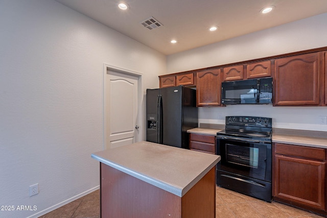 kitchen with light tile patterned flooring, recessed lighting, visible vents, light countertops, and black appliances