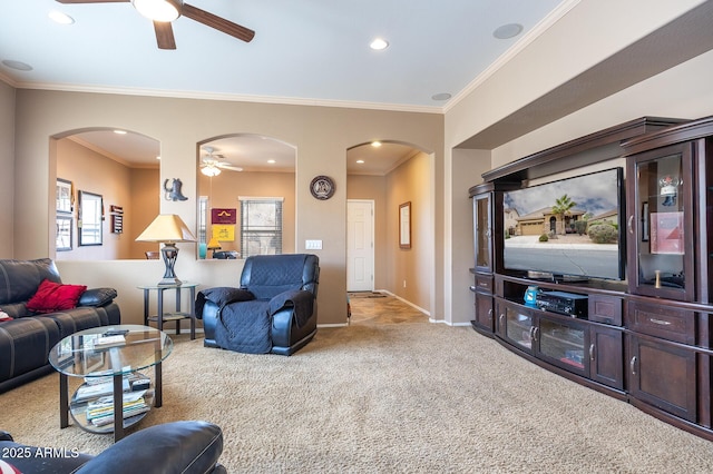 living room featuring recessed lighting, carpet flooring, a ceiling fan, and baseboards