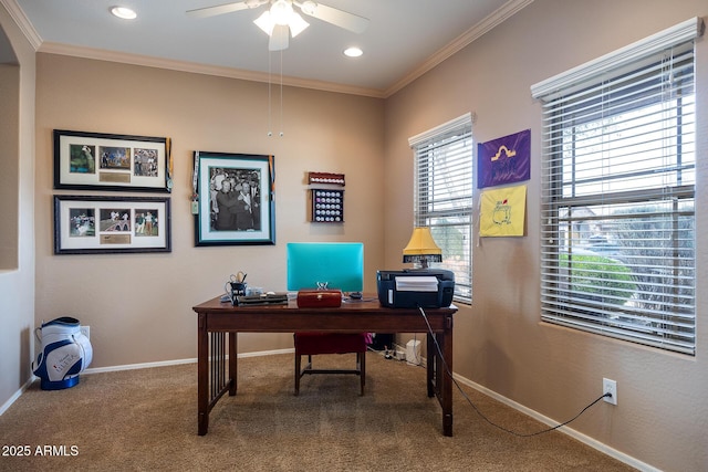 carpeted home office featuring baseboards, ceiling fan, recessed lighting, and crown molding