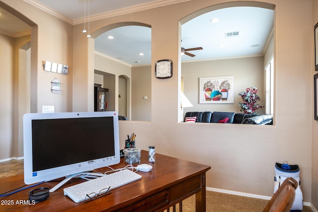 office area featuring visible vents, crown molding, baseboards, and ceiling fan