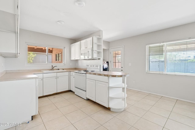 12201 N 22nd Pl, Phoenix, AZ 85022 - kitchen with open shelves, white appliances, a peninsula, and white cabinetry