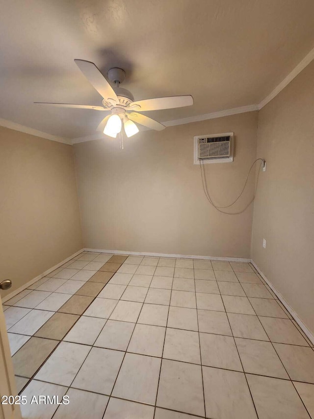 unfurnished room featuring a wall mounted air conditioner, crown molding, a ceiling fan, light tile patterned floors, and baseboards