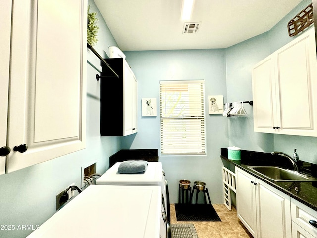 laundry room with visible vents, washer and clothes dryer, a sink, and cabinet space