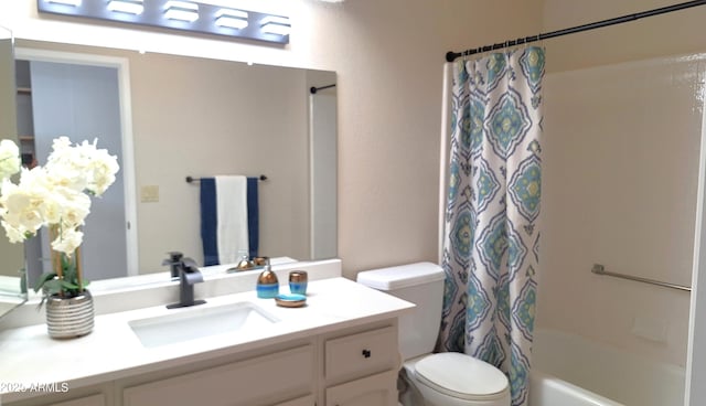 full bathroom with toilet, shower / tub combo, and vanity