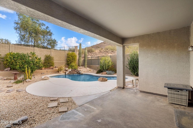 view of pool with a fenced in pool, a fenced backyard, and a patio