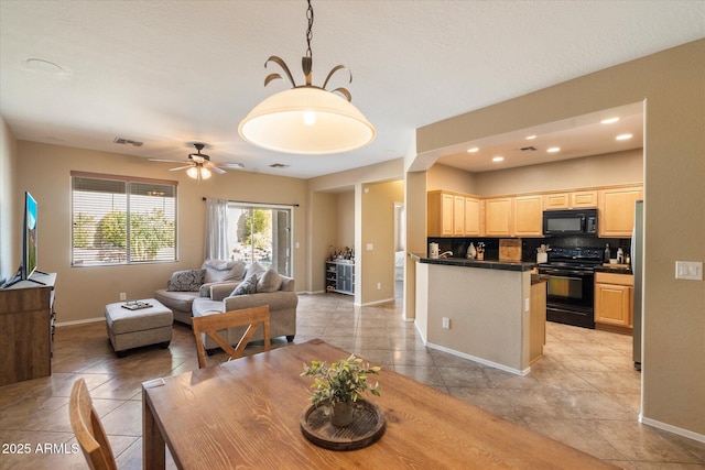 dining area featuring light tile patterned floors, baseboards, visible vents, a ceiling fan, and recessed lighting