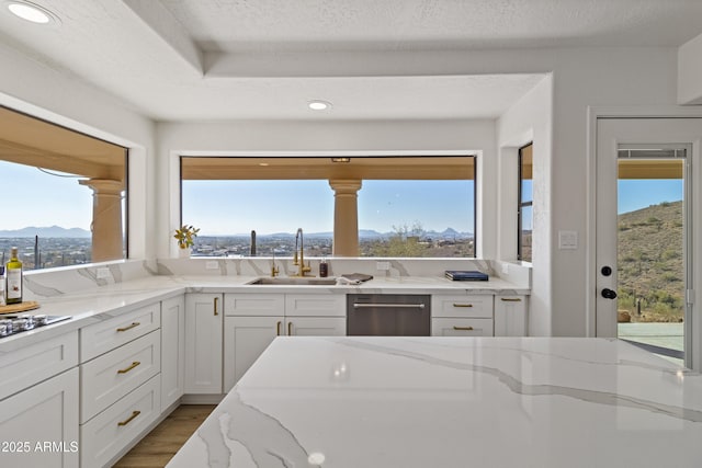 kitchen featuring light stone counters, a mountain view, plenty of natural light, and white cabinets