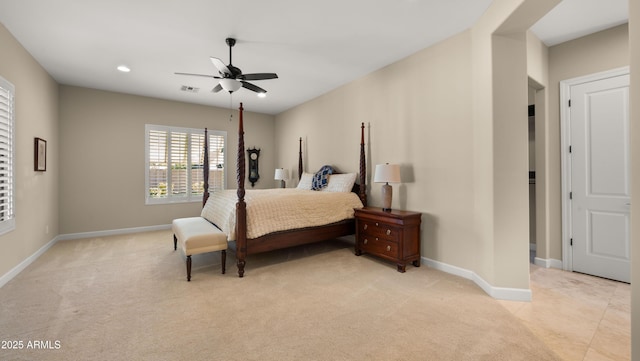 17755 E Colt Dr, Queen Creek, AZ 85142 - bedroom featuring a ceiling fan, baseboards, visible vents, and light carpet