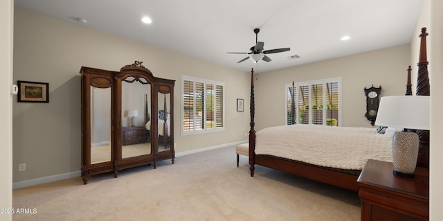 17755 E Colt Dr, Queen Creek, AZ 85142 - bedroom with recessed lighting, light colored carpet, a ceiling fan, and baseboards
