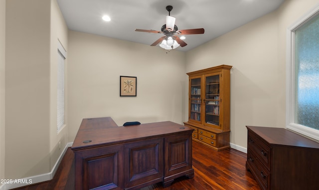 17755 E Colt Dr, Queen Creek, AZ 85142 - home office with baseboards, dark wood-style flooring, and ceiling fan
