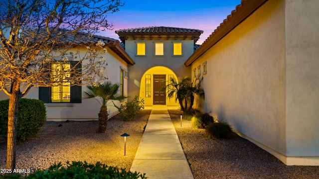 17755 E Colt Dr, Queen Creek, AZ 85142 - doorway to property with stucco siding and a tiled roof