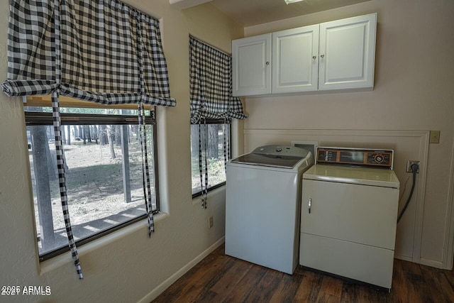 1449 Elk Dr, Forest Lakes, AZ 85931 - clothes washing area featuring dark wood-type flooring, cabinets, and washer and clothes dryer
