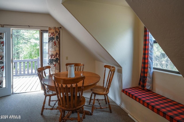 1449 Elk Dr, Forest Lakes, AZ 85931 - dining area featuring lofted ceiling and carpet flooring