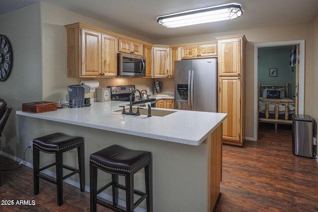 1449 Elk Dr, Forest Lakes, AZ 85931 - kitchen with appliances with stainless steel finishes, light brown cabinetry, sink, kitchen peninsula, and dark wood-type flooring