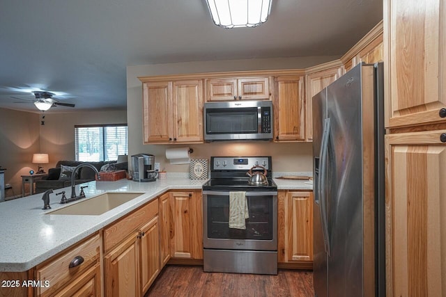 1449 Elk Dr, Forest Lakes, AZ 85931 - kitchen featuring stainless steel appliances, sink, dark hardwood / wood-style floors, and kitchen peninsula