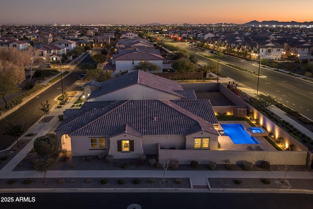 view of aerial view at dusk