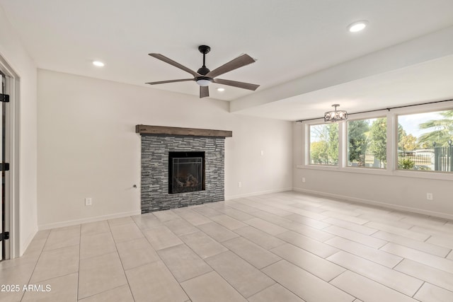 unfurnished living room featuring light tile patterned floors, a stone fireplace, recessed lighting, a ceiling fan, and baseboards