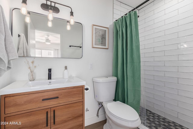 bathroom featuring vanity, toilet, and walk in shower