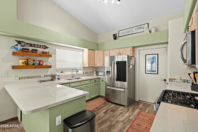 kitchen with sink, dark wood-type flooring, green cabinets, appliances with stainless steel finishes, and light brown cabinetry