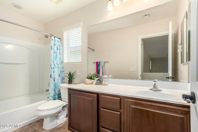 5016 S Curie Way, Mesa, AZ 85212 - bathroom featuring shower / bath combo with shower curtain, vanity, and tile patterned floors
