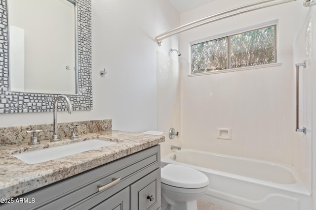 full bathroom featuring shower / bathtub combination, vanity, and toilet