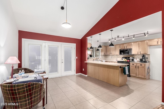 6908 W Sunnyside Dr, Peoria, AZ 85345 - kitchen featuring appliances with stainless steel finishes, light brown cabinets, a peninsula, open floor plan, and backsplash