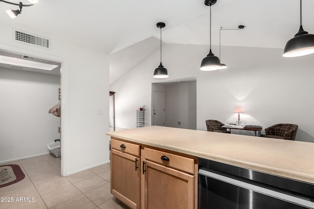 6908 W Sunnyside Dr, Peoria, AZ 85345 - kitchen featuring dishwasher, hanging light fixtures, lofted ceiling, light countertops, and light tile patterned flooring