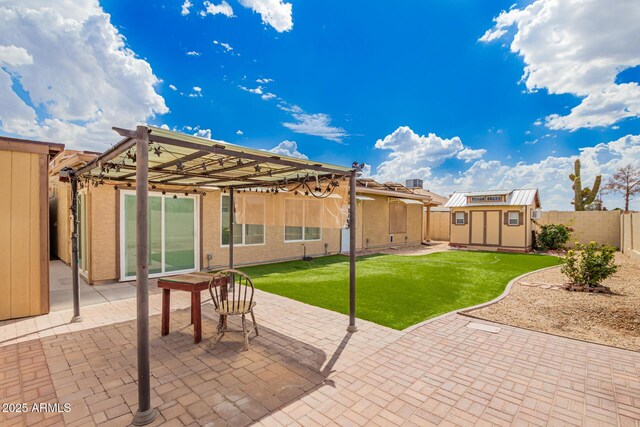 6908 W Sunnyside Dr, Peoria, AZ 85345 - view of patio with a shed, an outbuilding, and a pergola