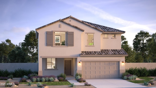 17074 W Seldon Ln, Waddell, AZ 85355 - mediterranean / spanish house featuring driveway, a tile roof, an attached garage, and stucco siding