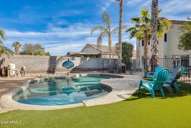 view of pool featuring a lawn and a patio area