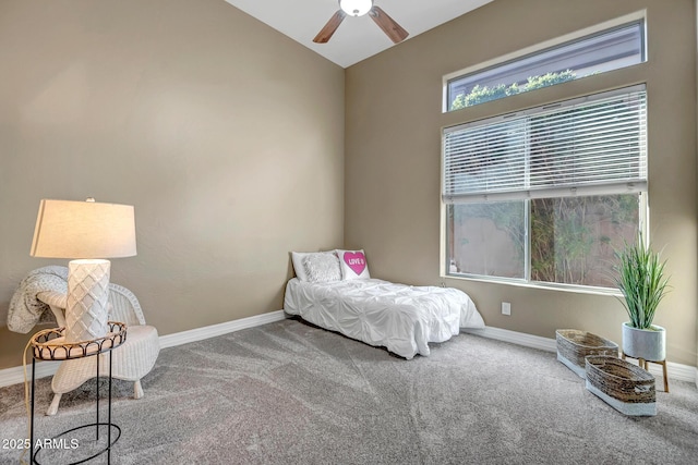 42023 N Bridlewood Way, Anthem, AZ 85086 - carpeted bedroom with lofted ceiling, baseboards, and a ceiling fan