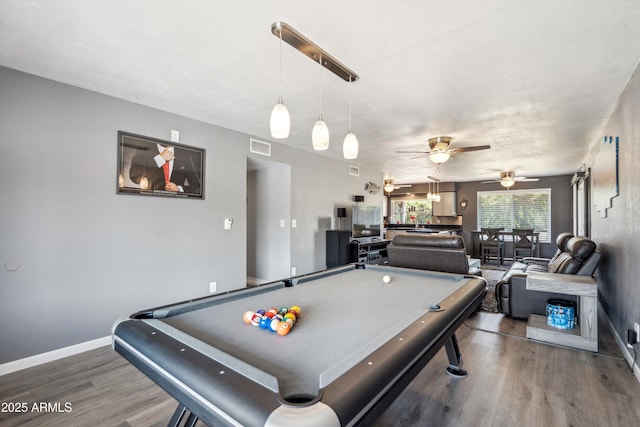 game room featuring baseboards, pool table, ceiling fan, and wood finished floors