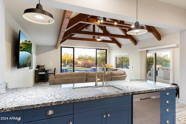 kitchen with stainless steel dishwasher, lofted ceiling with beams, pendant lighting, and sink