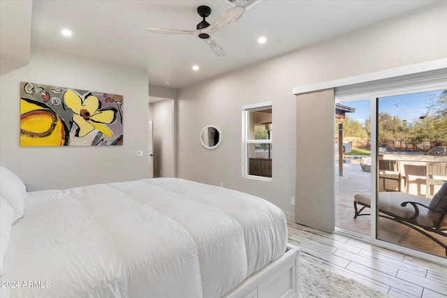 bedroom featuring access to outside and ceiling fan