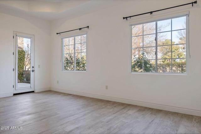 empty room with a tray ceiling and light hardwood / wood-style flooring