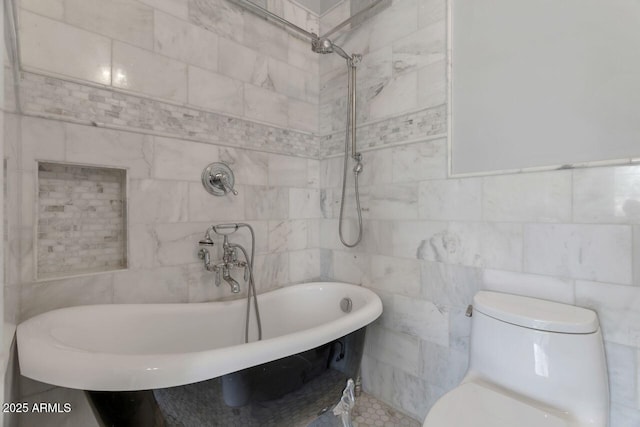 bathroom with toilet, a bathtub, and tile walls