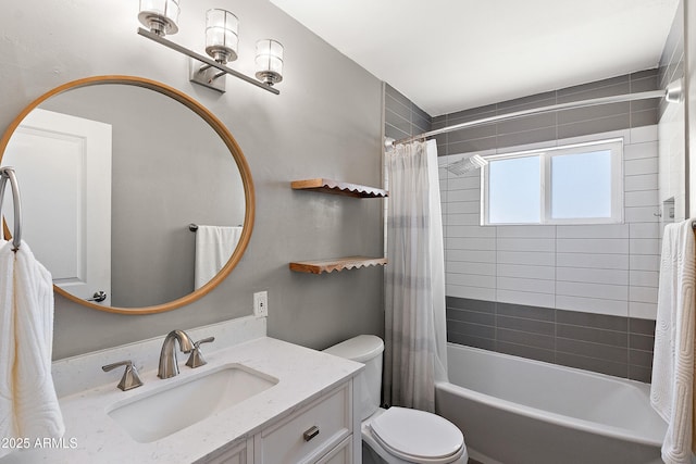 bathroom with toilet, shower / bathtub combination with curtain, and vanity