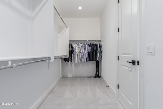 spacious closet featuring light colored carpet