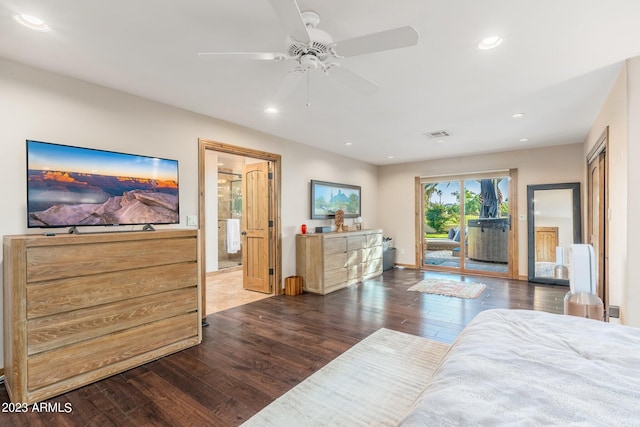 bedroom with ceiling fan, dark wood-type flooring, and access to outside