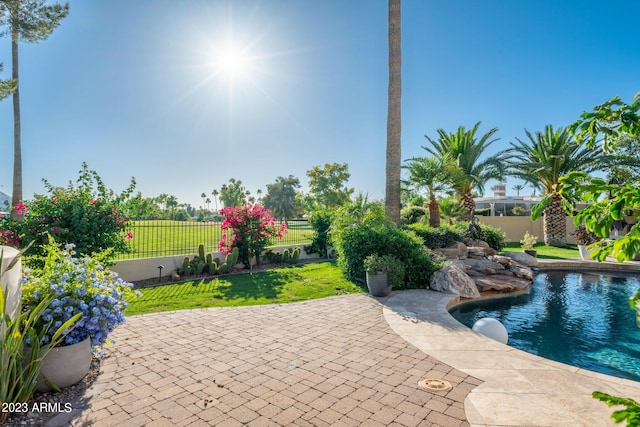 view of swimming pool with a yard and a patio