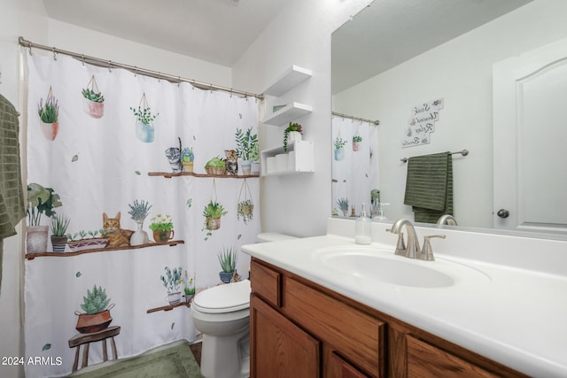 bathroom with vanity, toilet, and curtained shower