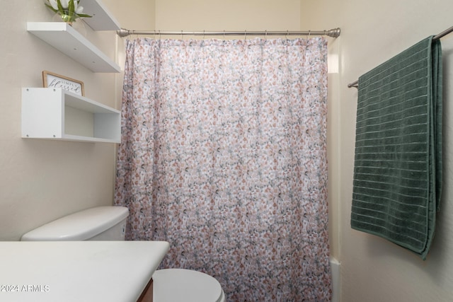 bathroom featuring a shower with curtain, vanity, and toilet