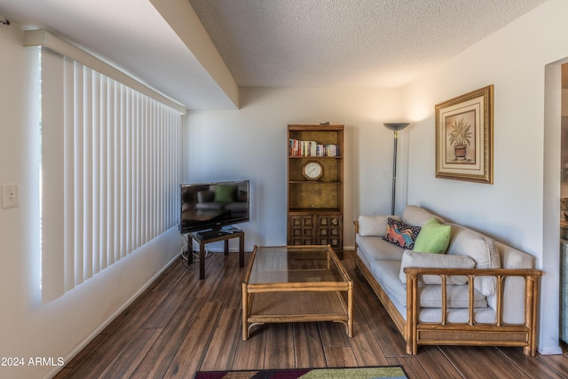 living room featuring a textured ceiling and dark wood-type flooring