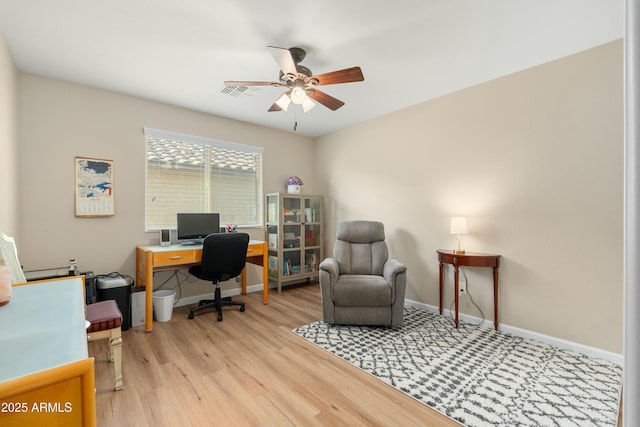 office area with ceiling fan and light wood-type flooring