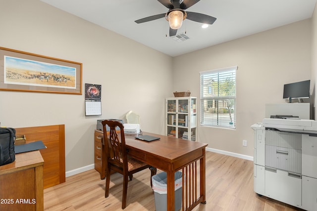 office space featuring ceiling fan and light hardwood / wood-style floors